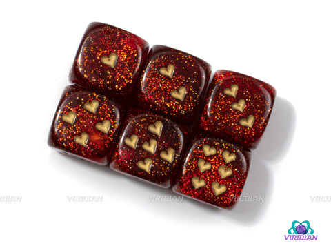 Glitter Ruby Red & Gold  | Set of (6) 16mm Heart Pipped D6s  | Chessex
