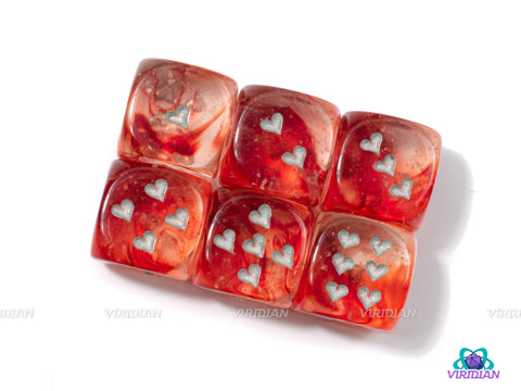 Nebula Red & Silver | Set of (6) 16mm Heart Pipped D6s  | Chessex