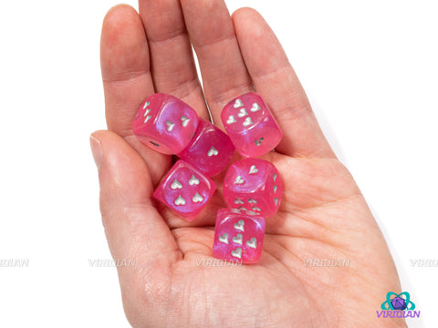 Borealis Pink & Silver  | Set of (6) 16mm Heart Pipped D6s  | Chessex