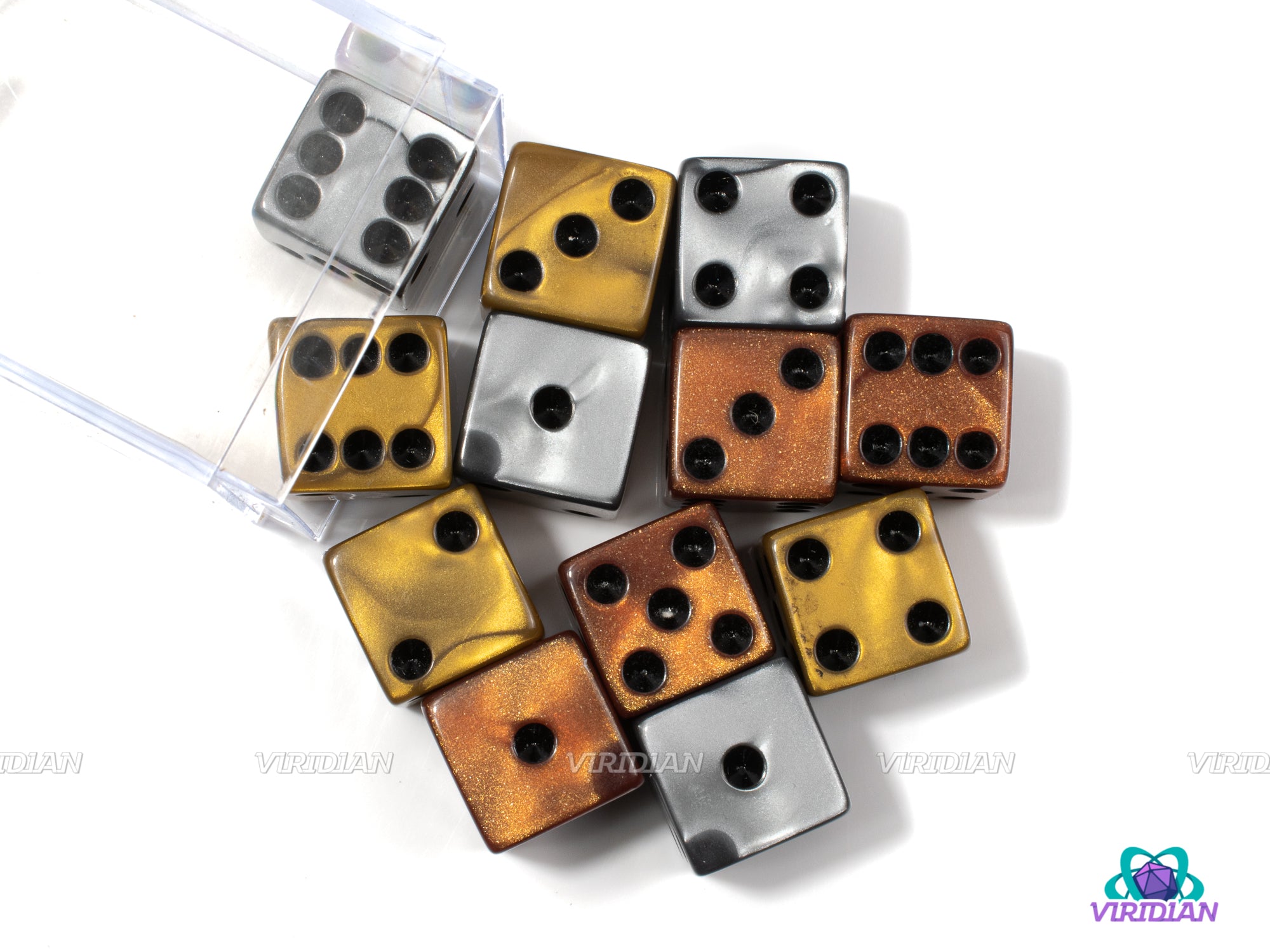 Assorted Olympic D6 Set | (12) 16mm Acrylic Bronze, Silver, and Gold Pearled | Pipped D6 Dice