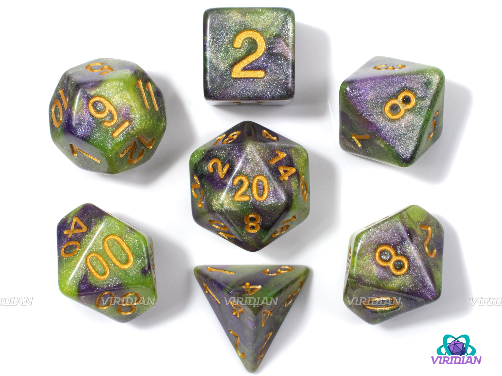 Awakened Slime | Green & Purple Glitter Swirled Acrylic Dice Set (7) | Dungeons and Dragons (DnD)