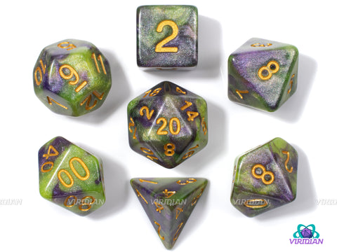 Awakened Slime | Green & Purple Glitter Swirled Acrylic Dice Set (7) | Dungeons and Dragons (DnD)