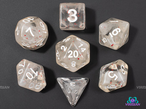 Ice Blossom | White Nebula w Red Specks Acrylic Dice Set (7) | Dungeons and Dragons (DnD)