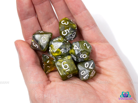 Ochre Jelly | Yellow and Grey Swirled Acrylic Dice Set (7) | Dungeons and Dragons (DnD)