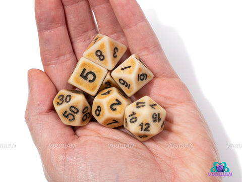Bleached Bone | White & Tan Distressed Acrylic Dice Set (7) | Dungeons and Dragons (DnD)