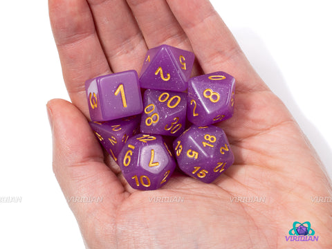 Charmed | Purple Glitter Acrylic Dice Set (7) | Dungeons and Dragons (DnD)