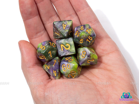 Awakened Slime | Green & Purple Glitter Swirled Acrylic Dice Set (7) | Dungeons and Dragons (DnD)