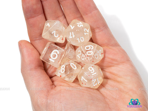 Ice Blossom | White Nebula w Red Specks Acrylic Dice Set (7) | Dungeons and Dragons (DnD)