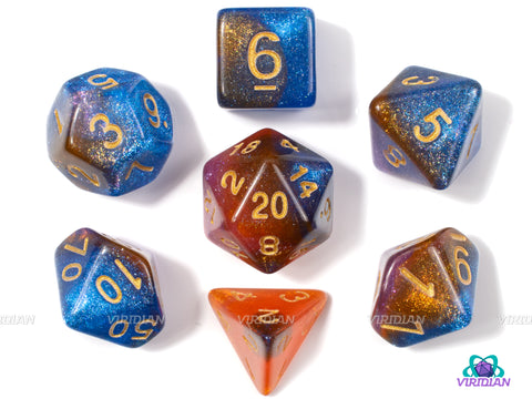 Sailor's Delight | Blue, Orange, and Pink Glittery Swirled Acrylic Dice Set (7) | Dungeons and Dragons (DnD)
