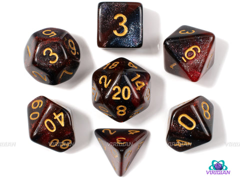 Red Mirage | Red, Black, White Glittery, Gold-Ink, Swirled | Acrylic Dice Set (7)