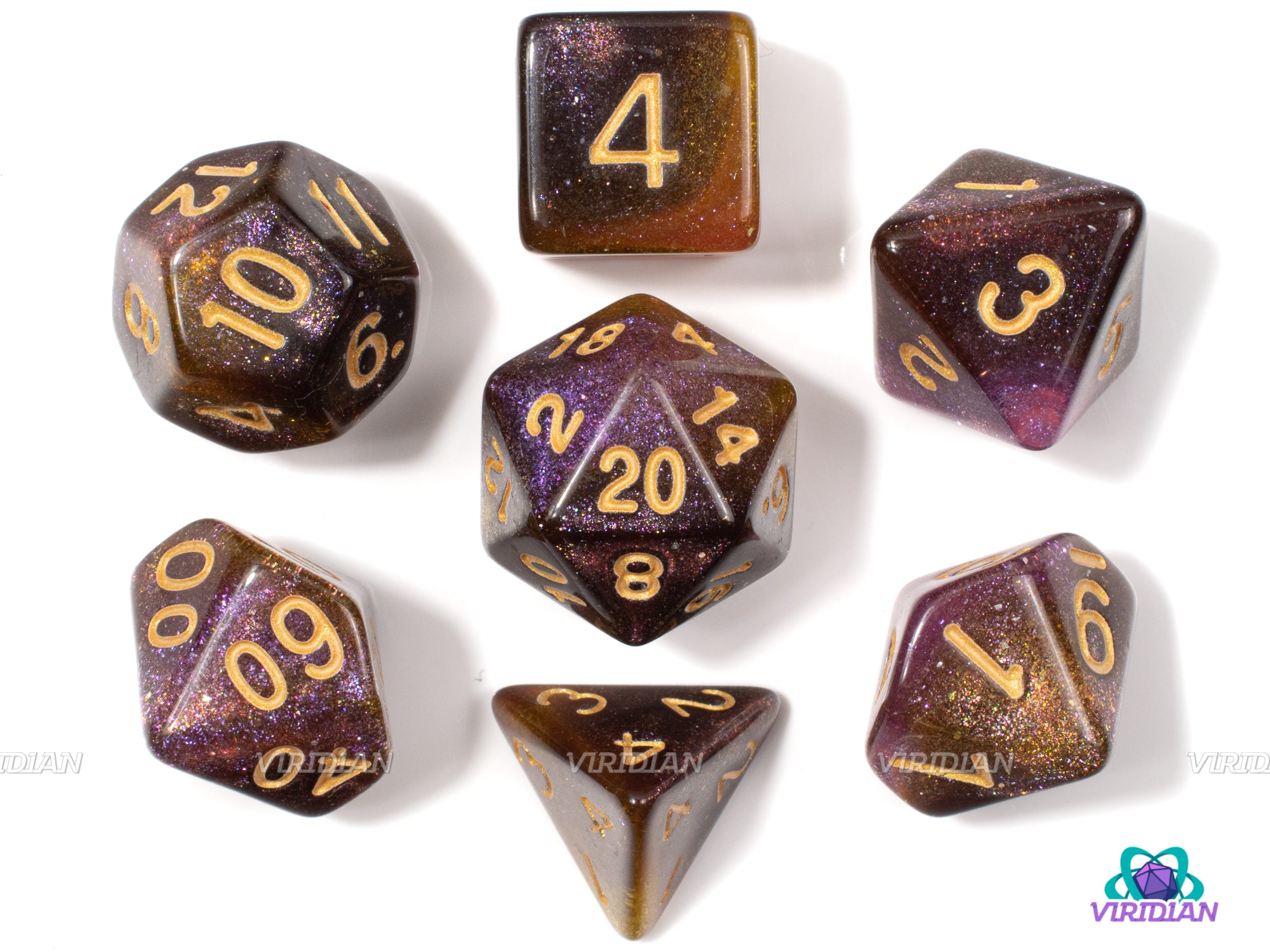 Topaz Dust | Yellow, Pink and Brown Glittery Marbled Acrylic Dice Set (7) | Dungeons and Dragons (DnD)