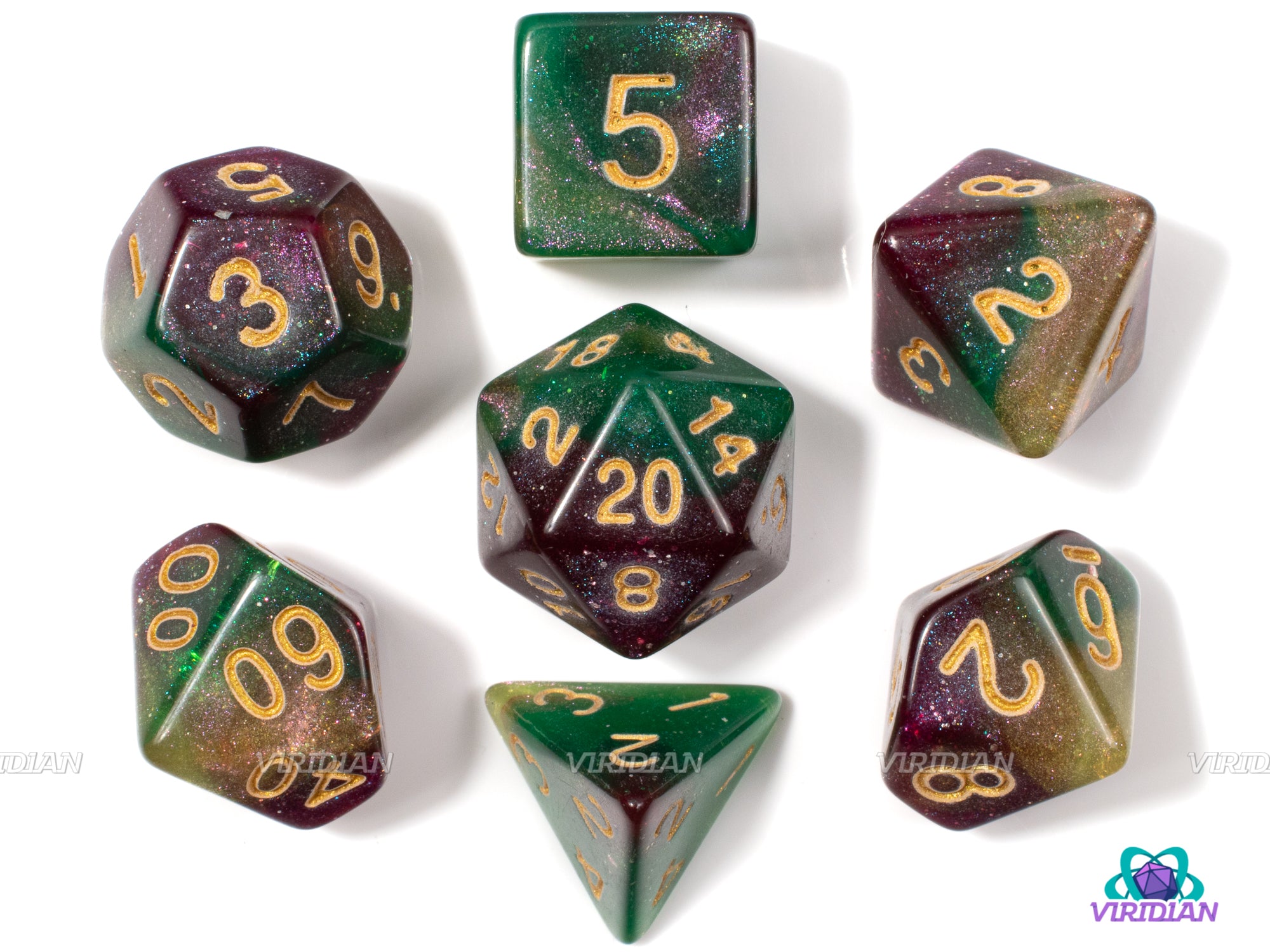 The Dark Magician | Purple, Green, and Gold Glittery Marbled Acrylic Dice Set (7) | Dungeons and Dragons (DnD)