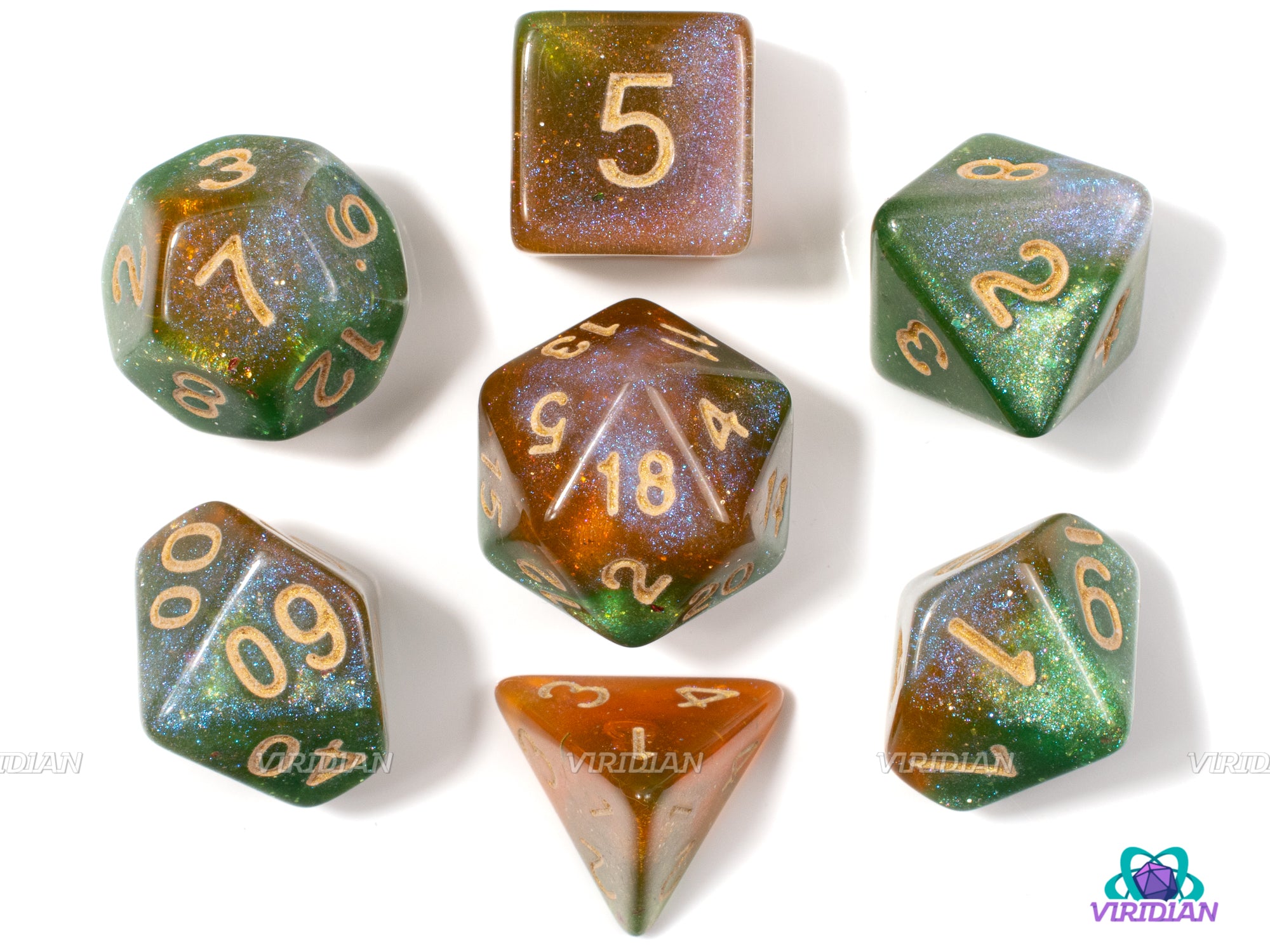 Citrus Grove | Orange, Green, and Gold Glittery Marbled Acrylic Dice Set (7) | Dungeons and Dragons (DnD)