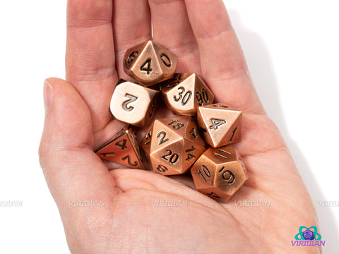 Gnomish Invention | Brushed Old Bronze Metal Dice Set (7) | Dungeons and Dragons (DnD) | Tabletop RPG Gaming