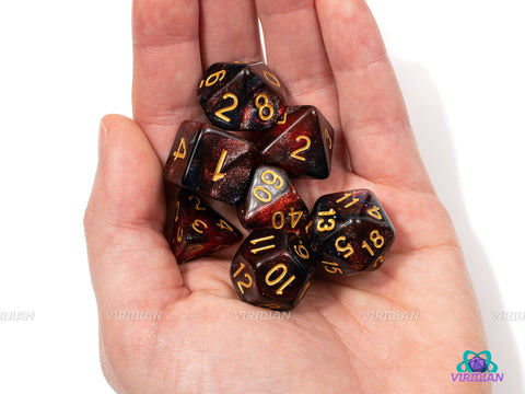 Red Mirage | Red, Black, White Glittery, Gold-Ink, Swirled | Acrylic Dice Set (7)