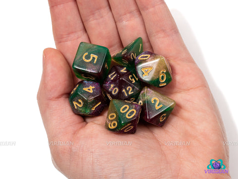 The Dark Magician | Purple, Green, and Gold Glittery Marbled Acrylic Dice Set (7) | Dungeons and Dragons (DnD)