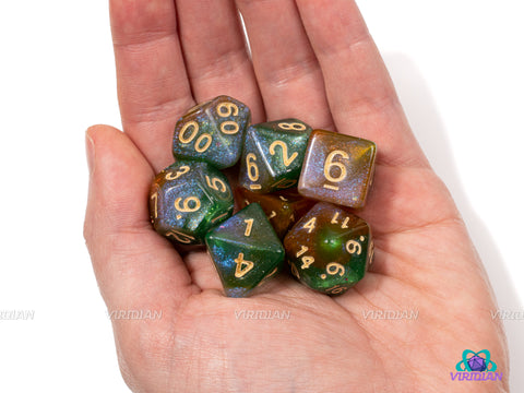 Citrus Grove | Orange, Green, and Gold Glittery Marbled Acrylic Dice Set (7) | Dungeons and Dragons (DnD)