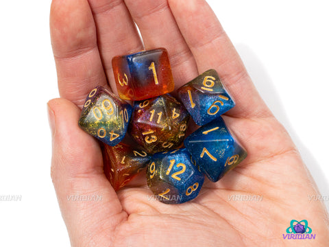 Watercolor | Blue, Yellow, Red Glittery Swirls Acrylic Dice Set (7) | Dungeons and Dragons (DnD)