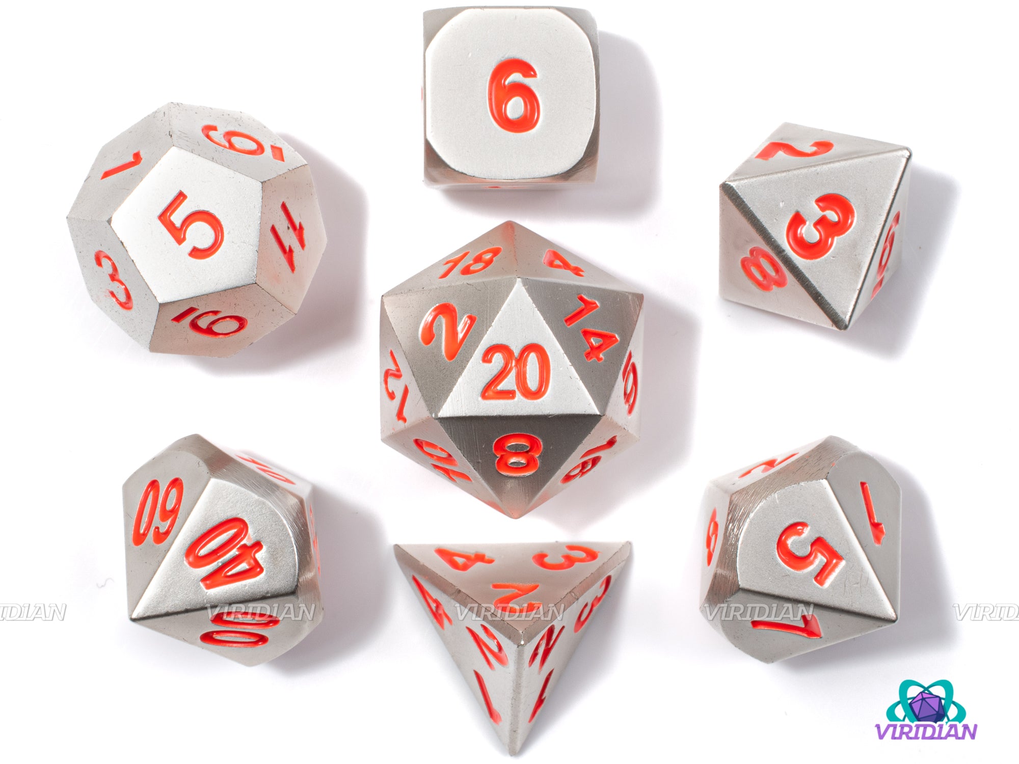 Pearl Silver w Bright Red-Orange Text Metal Dice Set (7) | Dungeons and Dragons (DnD) | Tabletop RPG Gaming