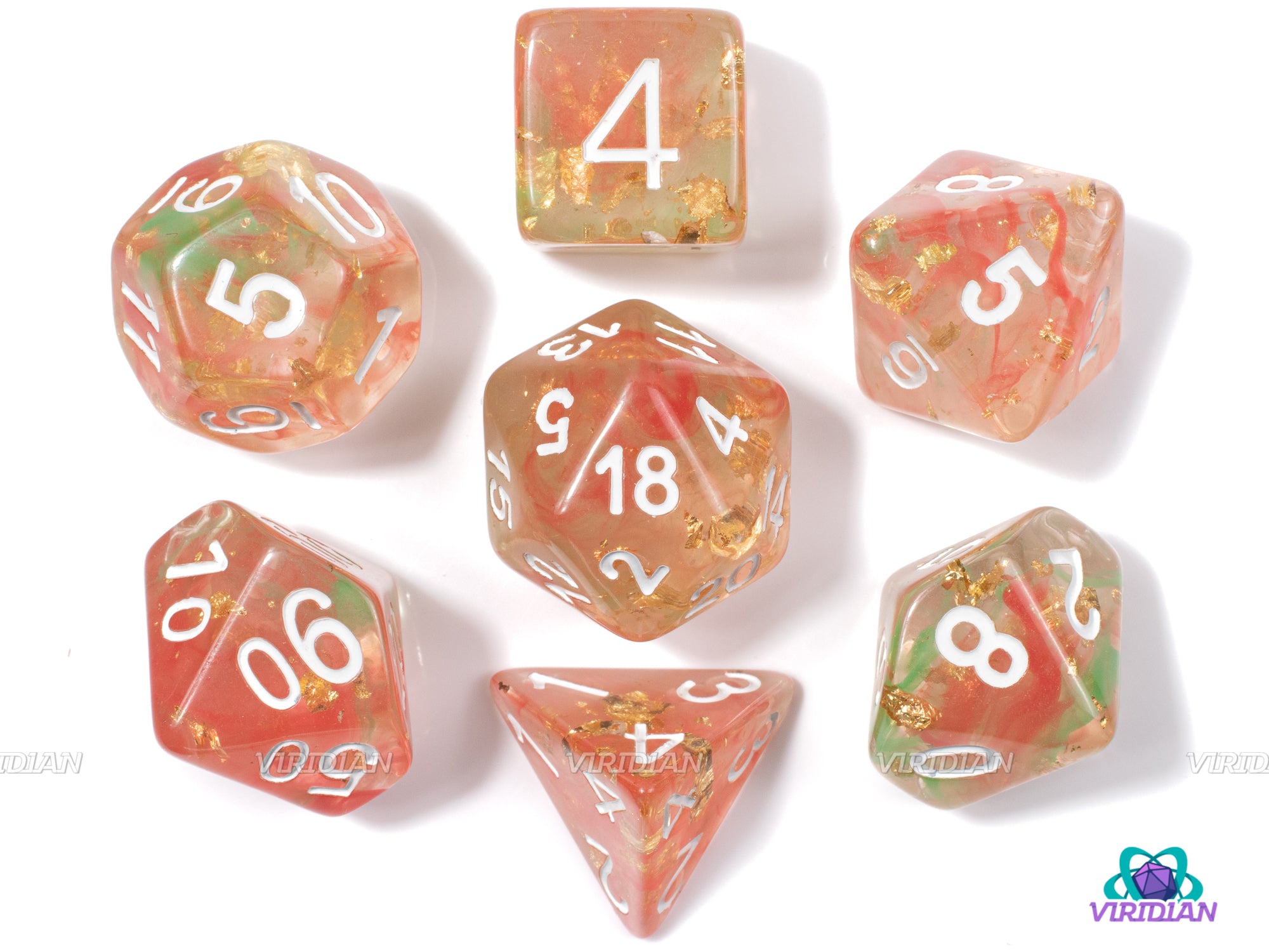 Strawberry Kiwi | Pink and Green Swirled Resin Dice Set (7) | Dungeons and Dragons (DnD)