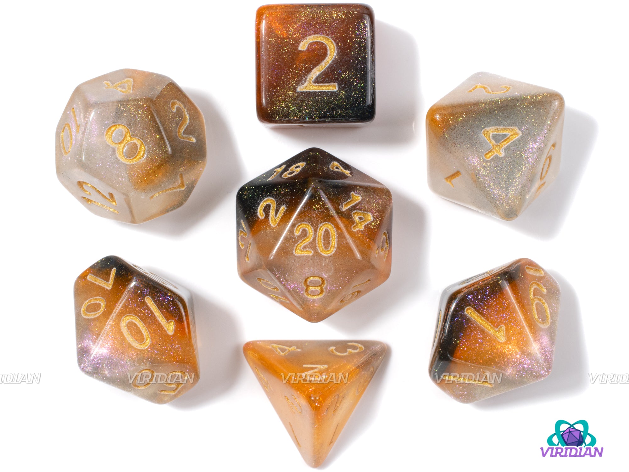 Root Beer Float | White, Orange and Brown Glittery Swirls Acrylic Dice Set (7) | Dungeons and Dragons (DnD)