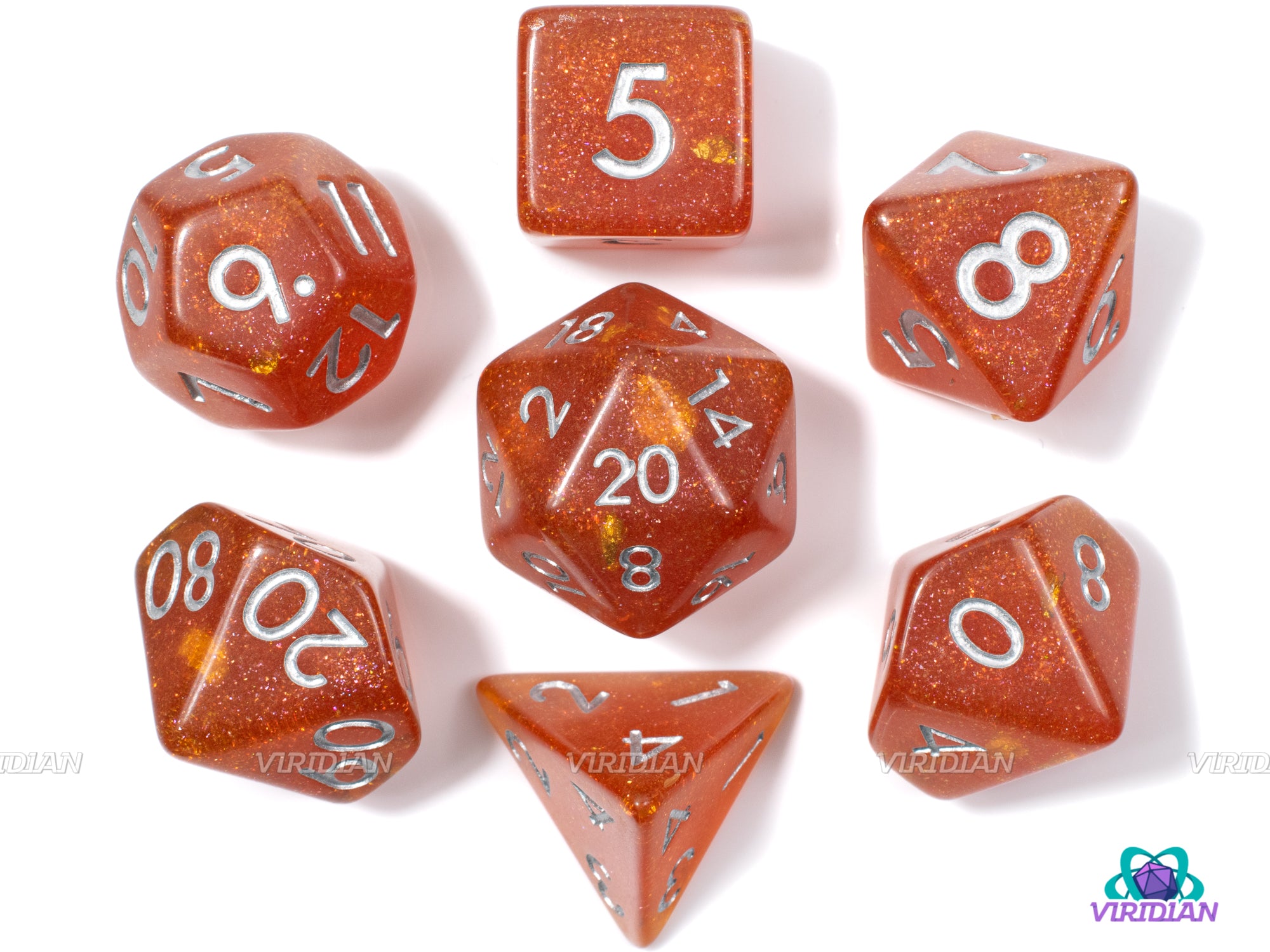 Orange Soda | Glittery Reflective Flakes | Resin Dice Set (7) | Dungeons and Dragons (DnD)