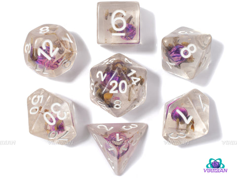 Purple Flower | Resin Dice Set (7) | Dungeons and Dragons (DnD)