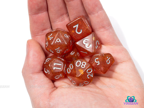 Orange Soda | Glittery Reflective Flakes | Resin Dice Set (7) | Dungeons and Dragons (DnD)