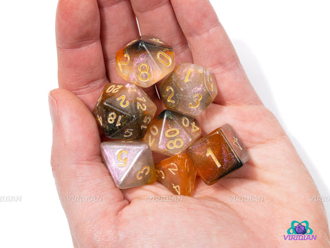 Root Beer Float | White, Orange and Brown Glittery Swirls Acrylic Dice Set (7) | Dungeons and Dragons (DnD)