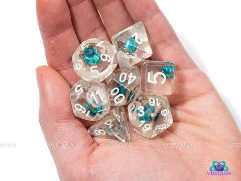 Periwinkle | Light Blue Flower, Seeds Inside Clear Resin Dice Set (7) | Dungeons and Dragons (DnD)