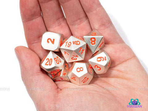 Pearl Silver w Bright Red-Orange Text Metal Dice Set (7) | Dungeons and Dragons (DnD) | Tabletop RPG Gaming