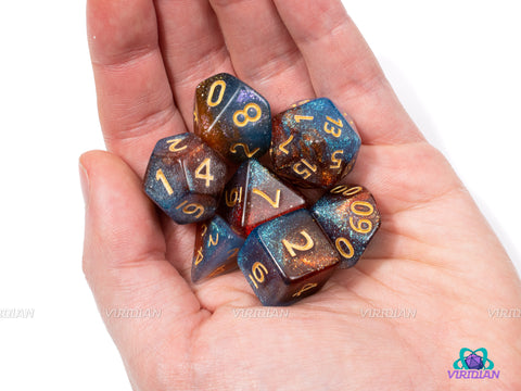 Sapphire Geode | Blue, Brown Glittery Swirls Acrylic Dice Set (7) | Dungeons and Dragons (DnD)