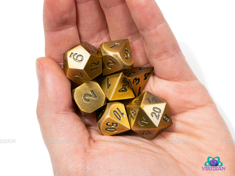 Toss A Coin | Brushed Gold Metal Dice Set (7) | Dungeons and Dragons (DnD)