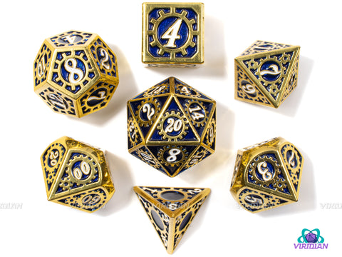 Cobalt Cogs | Gold and Blue Gear Design Metal Dice Set (7) | Dungeons and Dragons (DnD) | Tabletop RPG Gaming