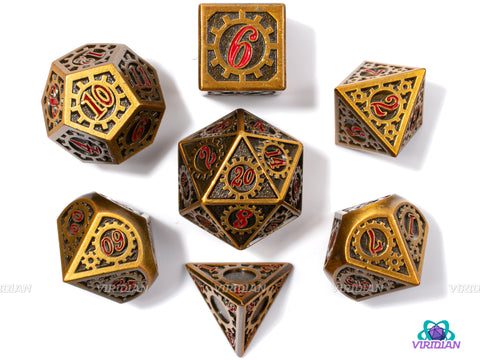 Gnomengarde Grenade | Antique Gold Gear Design Metal Dice Set (7) | Dungeons and Dragons (DnD) | Tabletop RPG Gaming