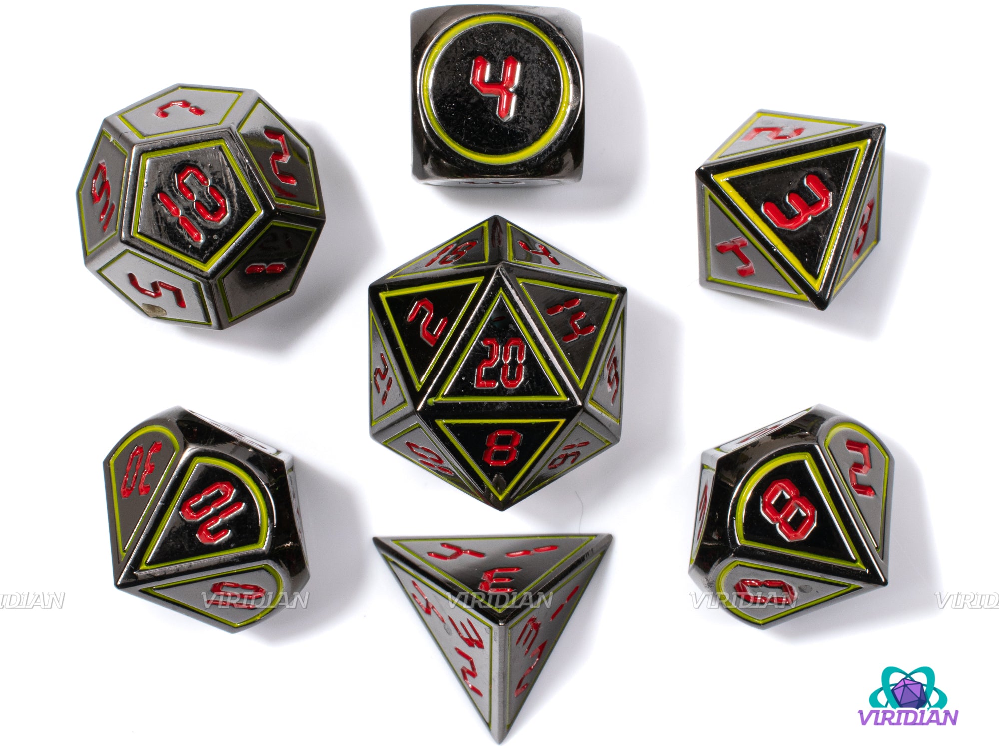 Meltdown | Dark Gray Silver, Yellow Accent, Red Digital Numbered Metal Dice Set (7)