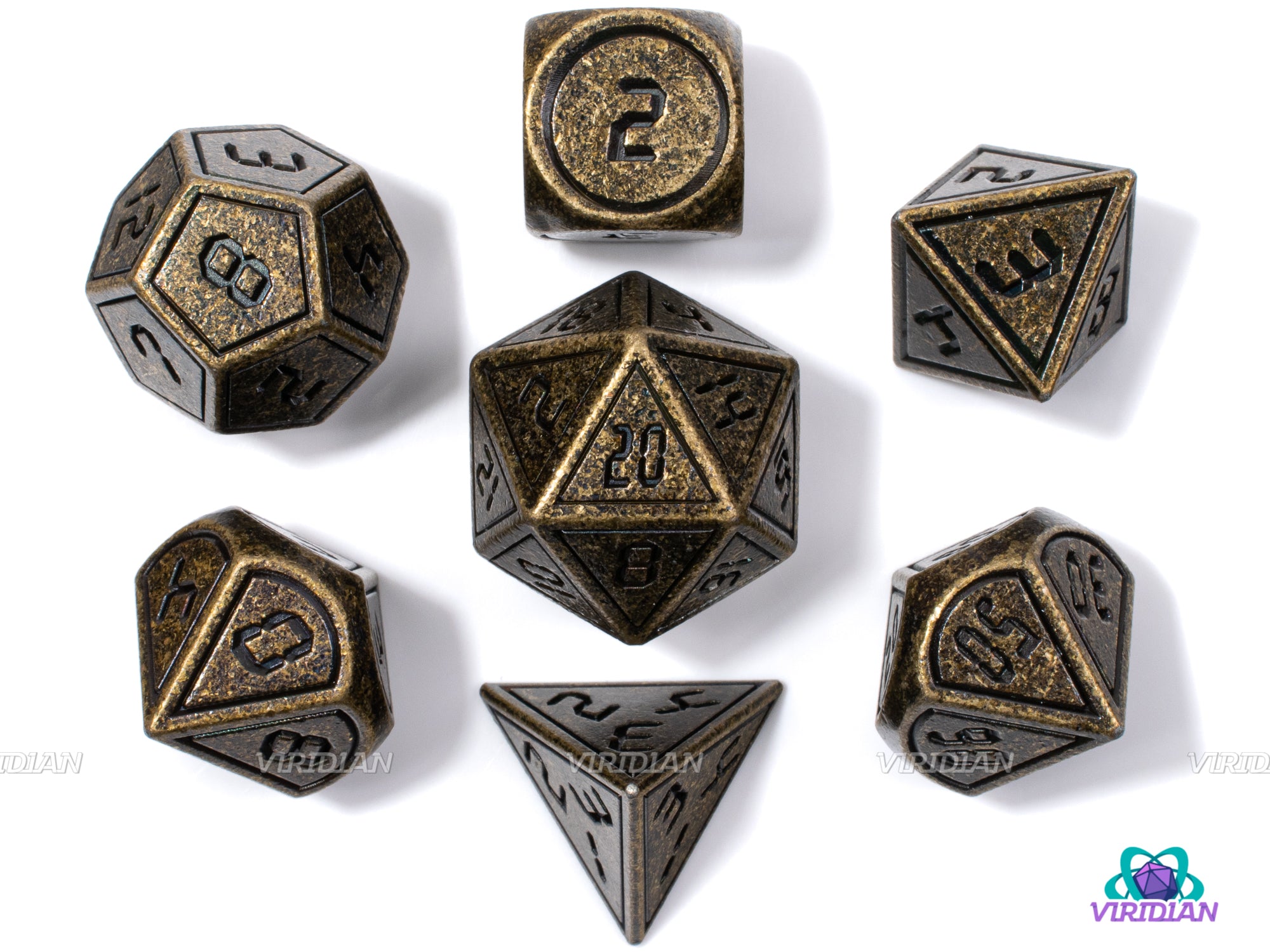 Old Time Machine | Distressed Bronze Metal Dice Set (7) | Dungeons and Dragons (DnD) | Tabletop RPG Gaming