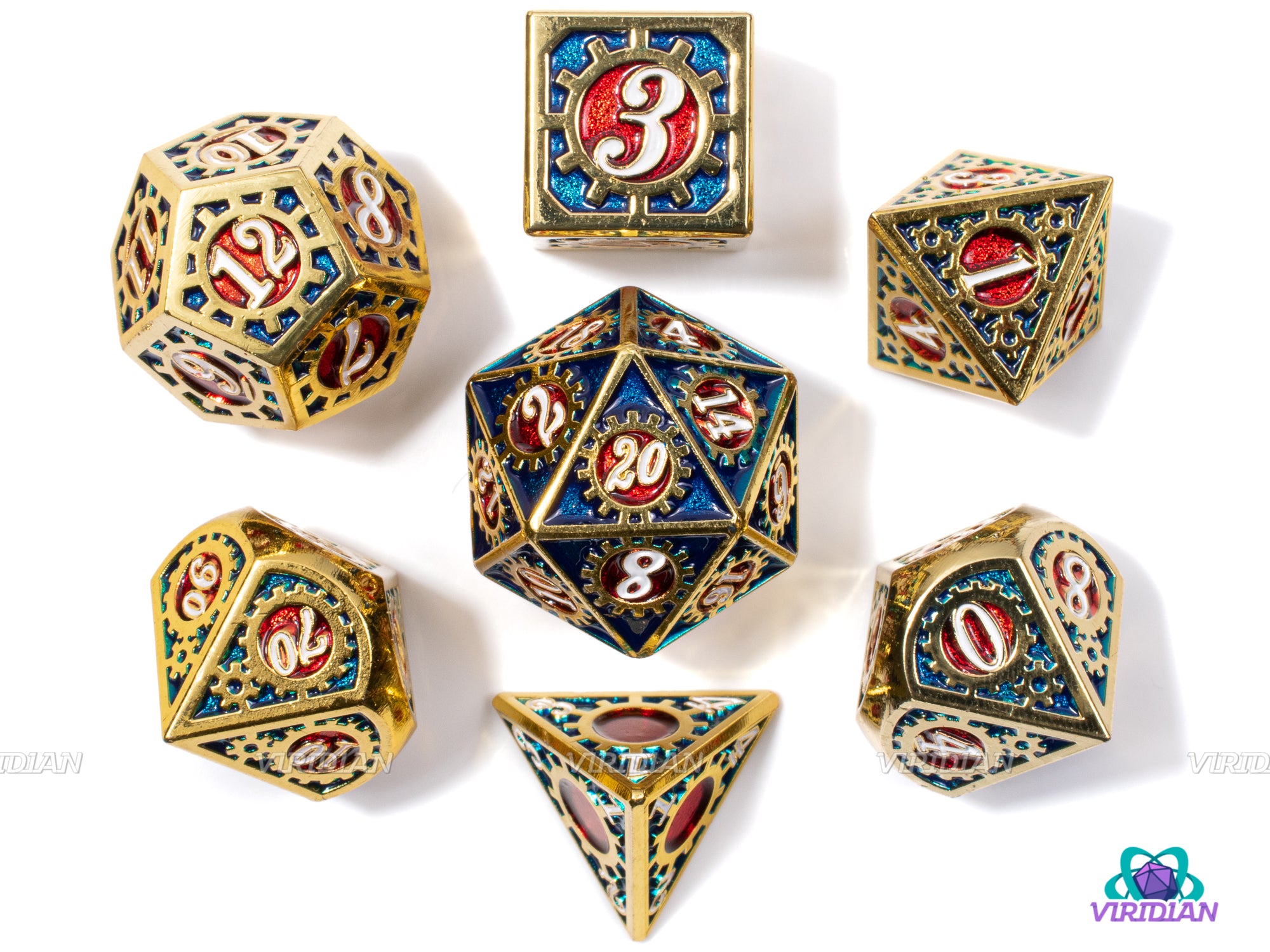 Gilded Gears | Gold with Teal and Red Metal Dice Set (7) | Dungeons and Dragons (DnD) | Tabletop RPG Gaming