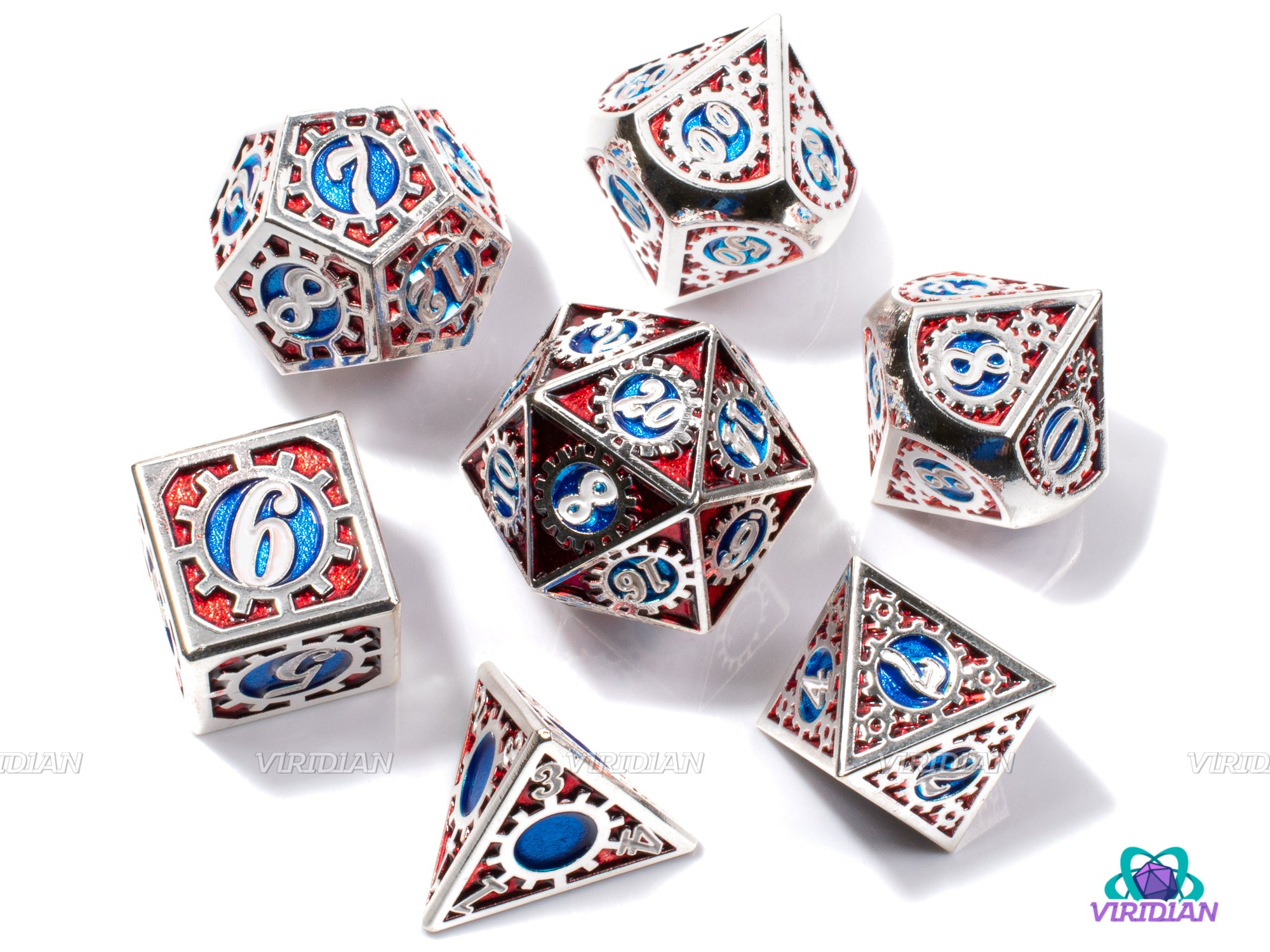 Super Gears | Red, Blue and Silver Metal Dice Set (7) | Dungeons and Dragons (DnD) | Tabletop RPG Gaming