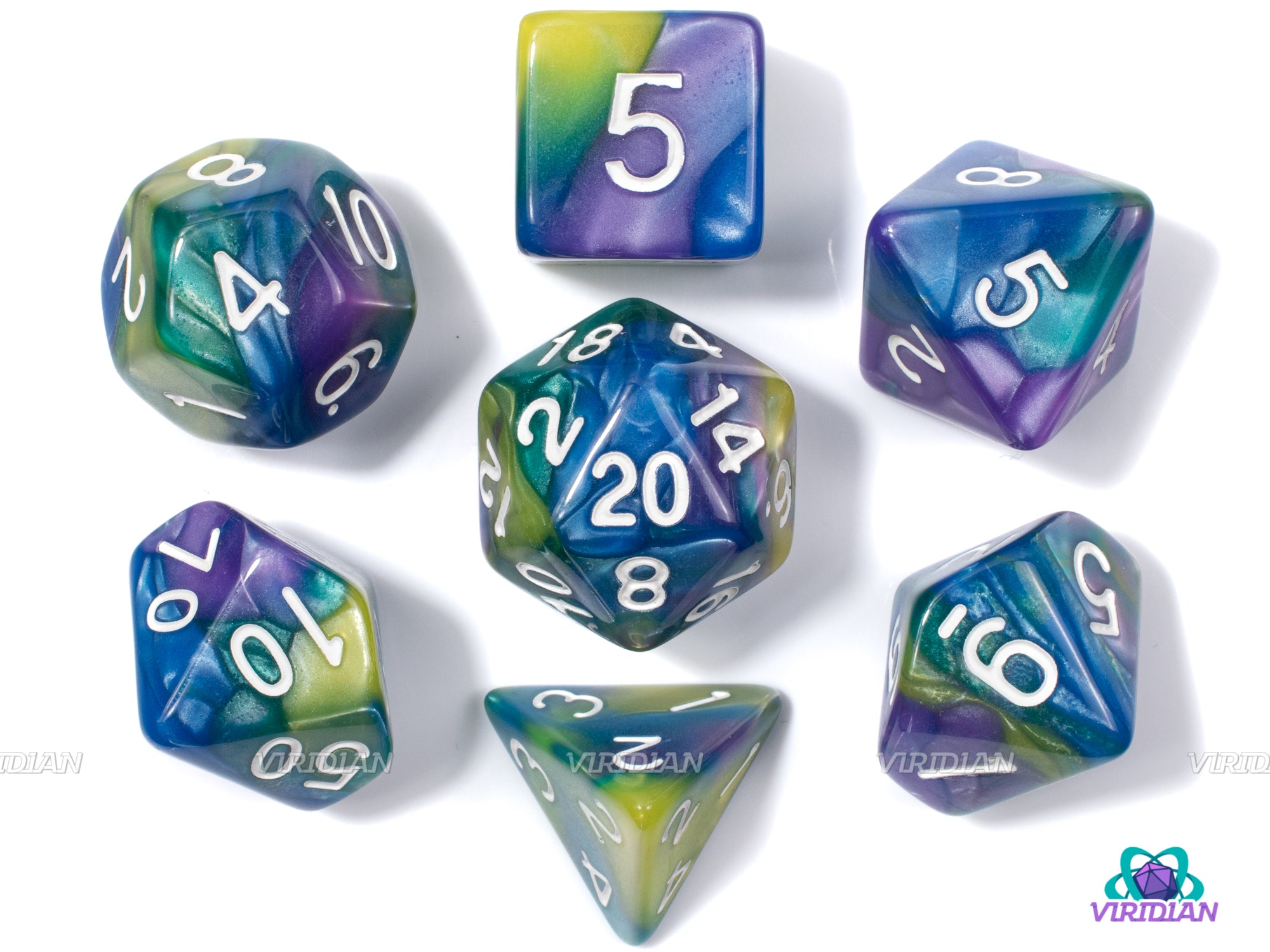 Esmeralda | Purple, Blue, Green, and Yellow Marbled Acrylic Dice Set (7) | Dungeons and Dragons (DnD)