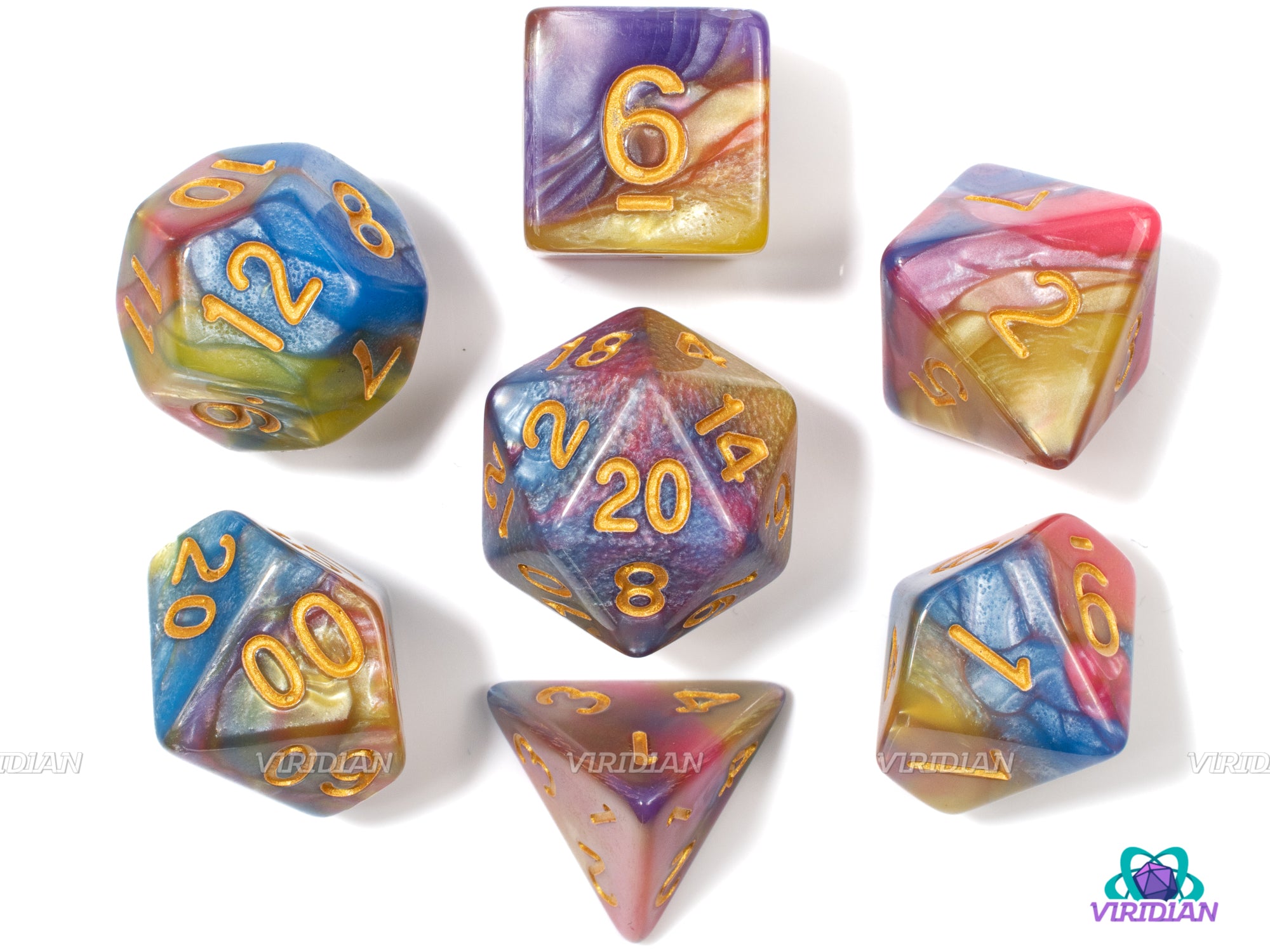 Pastel Primaries | Red, Yellow and Blue Marbled Acrylic Dice Set (7) | Dungeons and Dragons (DnD)