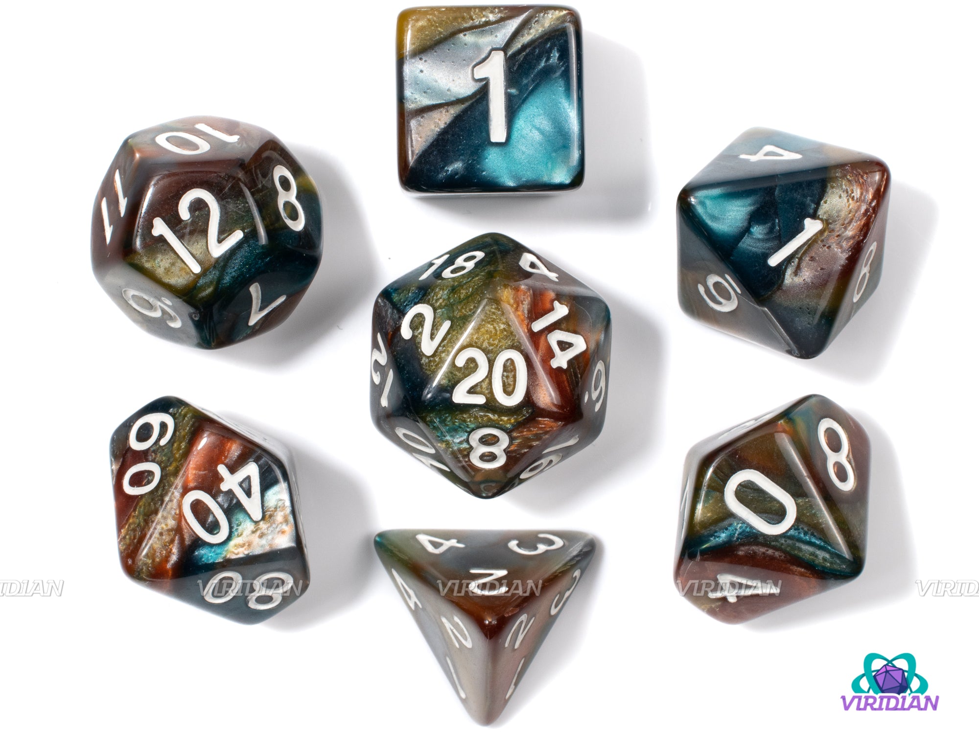 Sedimentary | Red, Yellow, Teal Marbled Acrylic Dice Set (7) | Dungeons and Dragons (DnD)