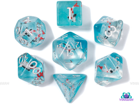 Plenty of Fish | White & Red Koi Charm Inside Clear and Blue | Resin Dice Set (7)