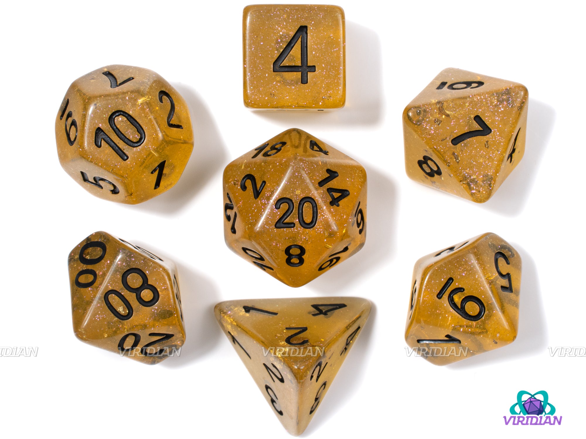 Honey Calcite | Brown-Gold Leaf Glittery Resin Dice Set (7