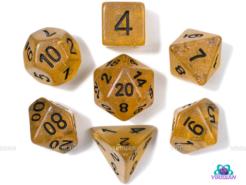 Honey Calcite | Brown-Gold Leaf Glittery Resin Dice Set (7) | Dungeons and Dragons (DnD)