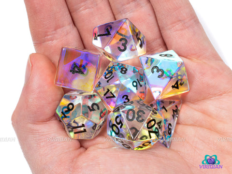 Rainbow Glass (Black) | Real Gemstone Dice Set (7) | Dungeons and Dragons (DnD)