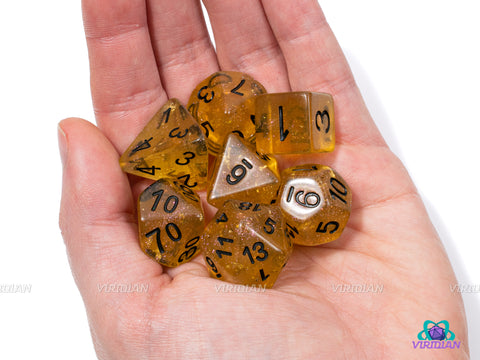 Honey Calcite | Brown-Gold Leaf Glittery Resin Dice Set (7) | Dungeons and Dragons (DnD)