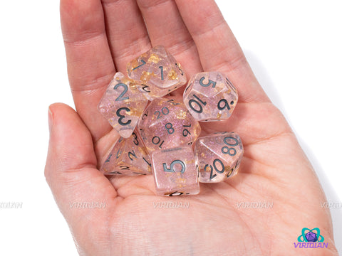 Champagne Supernova | Light Pink, Gold Leaf Glittery Resin Dice Set (7) | Dungeons and Dragons (DnD)