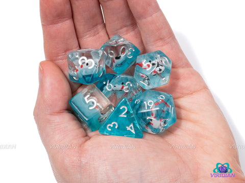Plenty of Fish | White & Red Koi Charm Inside Clear and Blue | Resin Dice Set (7)