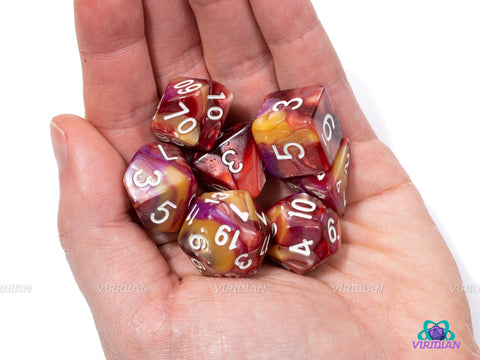 Apricot Delight | Red, Orange and Purple Marbled Acrylic Dice Set (7) | Dungeons and Dragons (DnD)